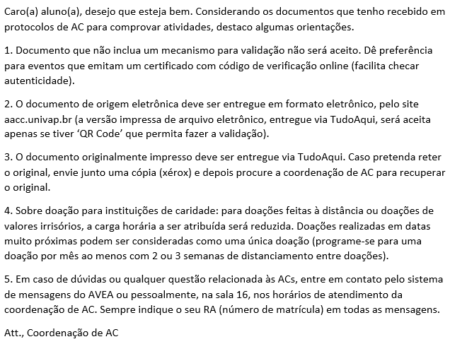 Mensagem sobre documentos para AC no curso de Direito